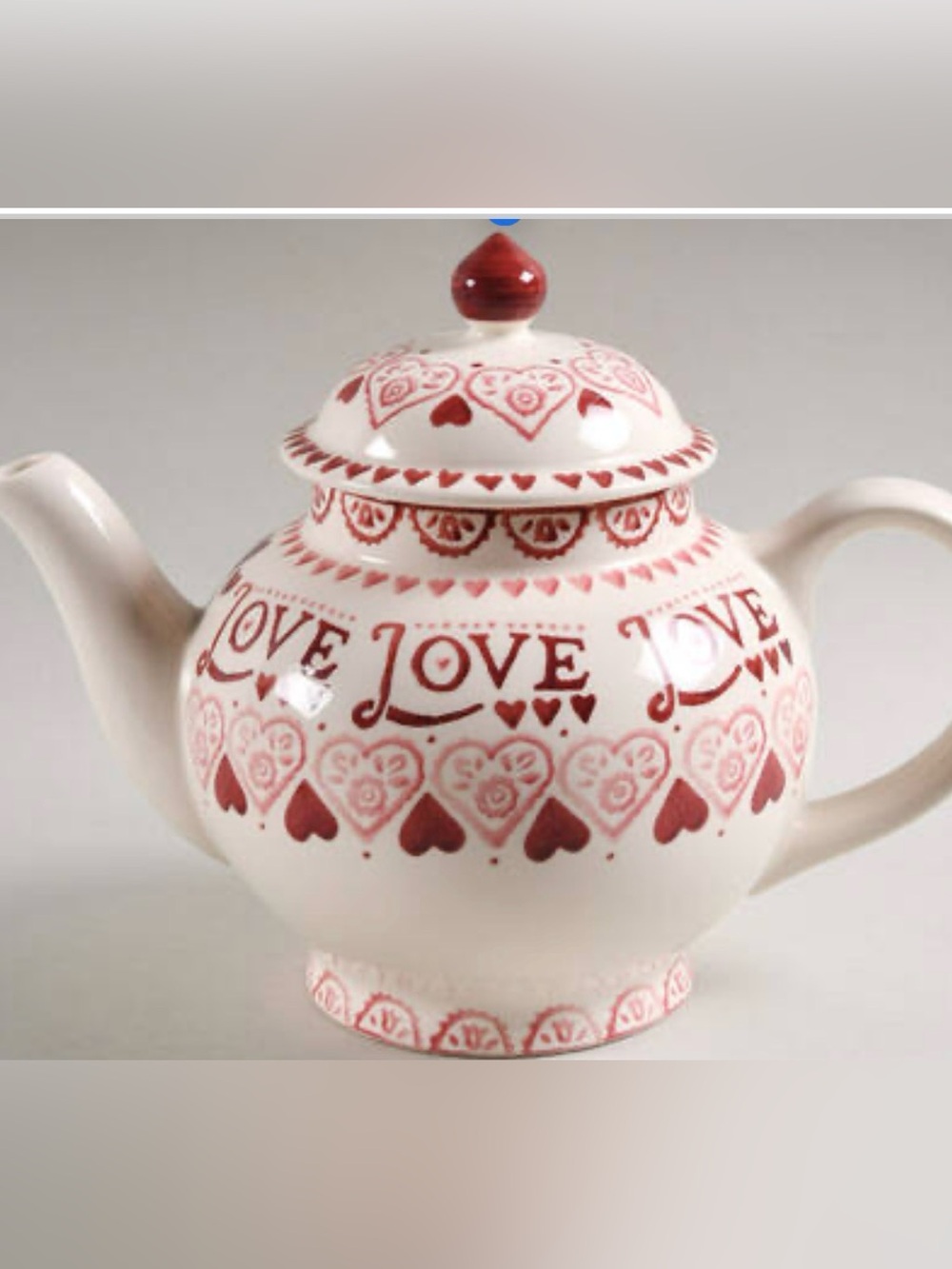 Emma Bridgewater LOVE Red Toast Hearts Earthenware 4-Cup Teapot Made in England
